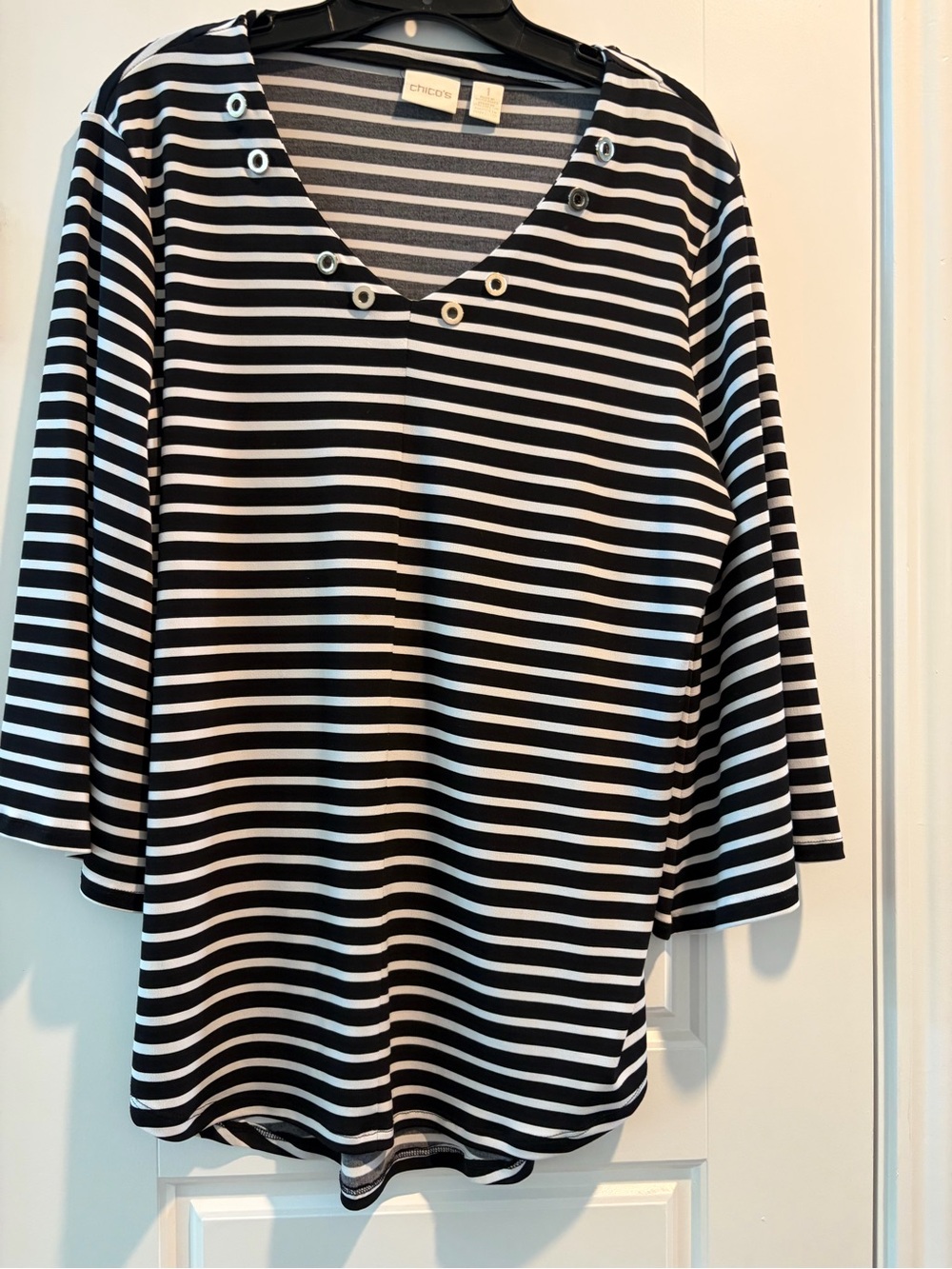Chico's Black and White Striped V-Neck Eyelet Accent Top